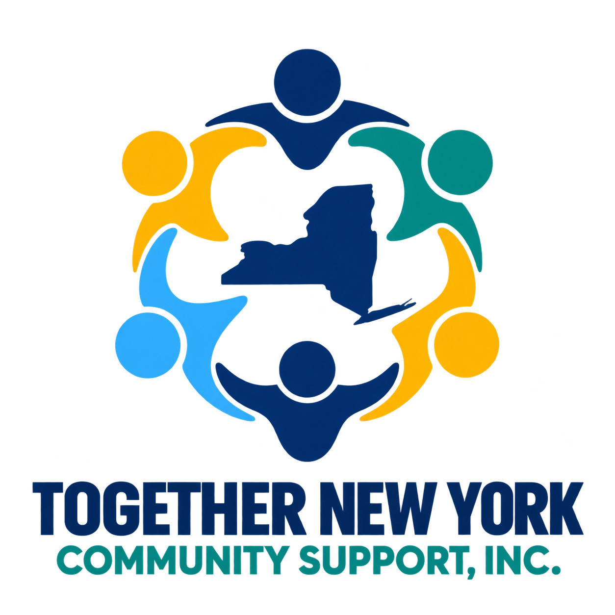 Six people joined around the shape of New York State